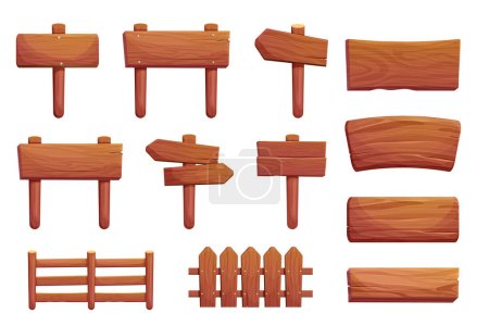 Illustration for Set of wooden tablets, hanging textured panels rope, signboards with pointer, fence with nails in cartoon style isolated on white background. Rustic board, plank with place. Ui game assets. Vector - Royalty Free Image