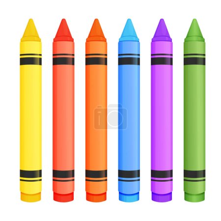 Crayons de cire placés dans le style de dessin animé isolé sur fond blanc. Palette préscolaire, crayons pour l'éducation. Illustration vectorielle