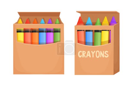 Téléchargez les illustrations : Set crayons de cire dans une boîte en carton de style dessin animé isolé sur fond blanc. Palette préscolaire, crayons pour l'éducation. Illustration vectorielle - en licence libre de droit