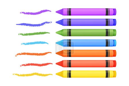 Illustration for Wax crayons with textured line set in cartoon style isolated on white background. Preschool palette, pencils for education. Vector illustration - Royalty Free Image