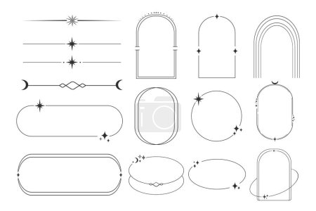 Ilustración de Conjunto de marcos celestiales, bordes de la línea de arte esotérico decoración minimalista con destellos aislados sobre fondo blanco. Ilustración vectorial - Imagen libre de derechos