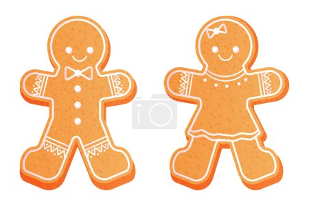 Pain d'épice homme et femme mignons biscuits de Noël textures avec des décorations dans le style de dessin animé isolé sur fond blanc. Illustration vectorielle
