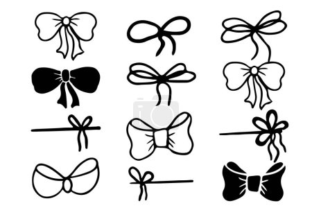 Illustration for Set bow tie, present decoration, package silhouette in doodle style isolated on white. Collection knots. Vector illustration - Royalty Free Image