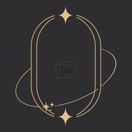 Ilustración de Marco celeste dorado, borde, línea de arco arte esotérico decoración minimalista con destellos aislados sobre fondo oscuro. Ilustración vectorial - Imagen libre de derechos