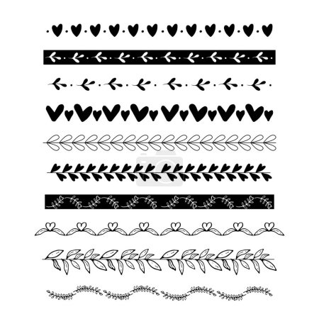 Illustration for Set borders deviders romantic ornament brushes in doodle style with heart, leaves. Love vintage decorative line separator, geometric curved frames isolated on white background. Vector illustration - Royalty Free Image