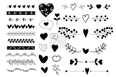 Illustration for Set borders deviders romantic ornament brushes, cute elements in doodle style with heart, leaves. Love vintage decorative line separator, geometric curved frames isolated on white background. Vector - Royalty Free Image