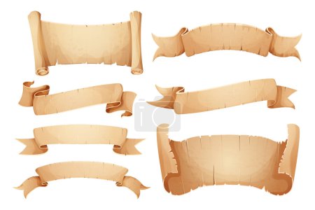 Set ruban de rouleau de papier parchemin, vieux jeu de bannière vintage ui élément dans le style de dessin animé isolé sur fond blanc. Illustration vectorielle