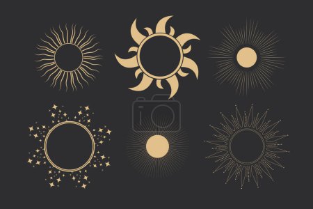 Ilustración de Set de marcos celestes dorados sol, bordes, arco línea de arte esotérico decoración minimalista con destellos aislados sobre fondo oscuro. Ilustración vectorial - Imagen libre de derechos