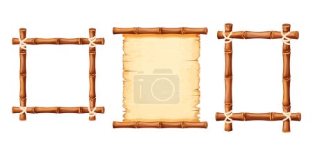 Téléchargez les illustrations : Set cadres en bambou avec vieux papier parchemin décoré avec corde dans le style dessin animé isolé sur fond blanc. Jeu ui board, signe. Illustration vectorielle - en licence libre de droit