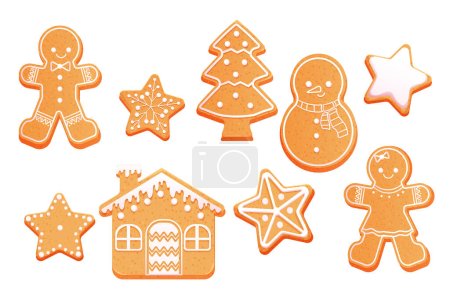 Conjunto de pan de jengibre lindo muñeco de nieve, hombre, estrellas, casa y árbol de Navidad con decoración de glaseado, postre de temporada, galletas en estilo de dibujos animados aislados sobre fondo blanco. Ilustración vectorial