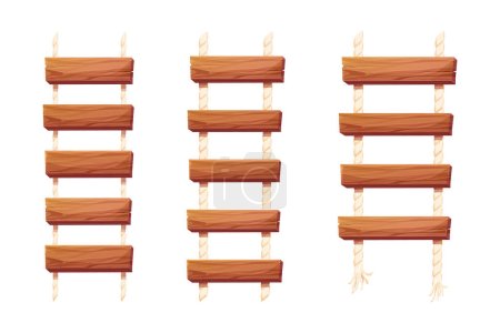 Téléchargez les illustrations : Ensemble échelle en bois avec corde, planches suspendues, escalier en style dessin animé isolé sur fond blanc, pont, route de jeu. Illustration vectorielle - en licence libre de droit