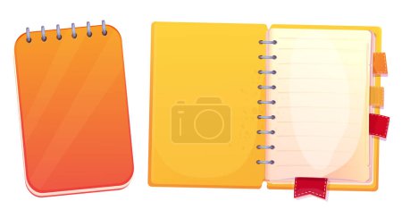 Téléchargez les illustrations : Set diary, note book in cartoon style top view, open, closed isolated on white background. Books with bookmarks and spiral, daily planner. Vector illustration - en licence libre de droit