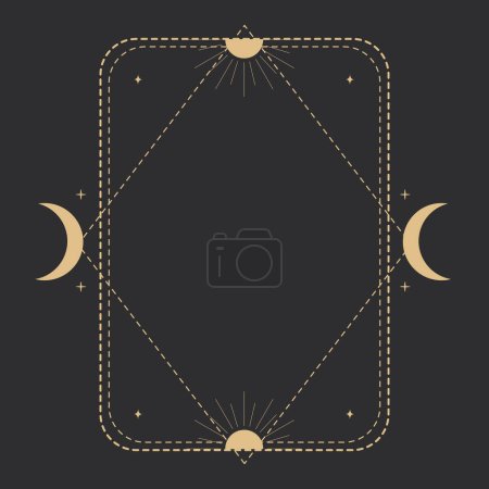 Ilustración de Marco celeste dorado con luna, borde, línea de arte esotérico decoración minimalista con destellos aislados sobre fondo oscuro. Ilustración vectorial - Imagen libre de derechos
