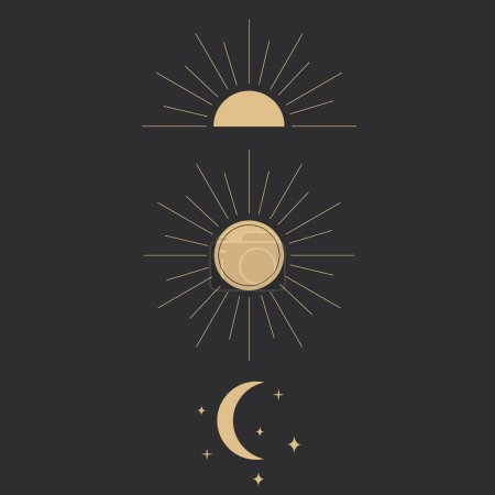 Ilustración de Conjunto de marcos celestiales dorados, bordes, arco línea de arte esotérico decoración minimalista con destellos aislados sobre fondo oscuro. Ilustración vectorial - Imagen libre de derechos