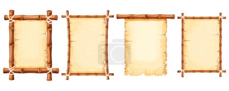 Ilustración de Conjunto de marcos de bambú con papel pergamino viejo decorado con cuerda en estilo de dibujos animados aislados sobre fondo blanco. Juego ui tablero, firmar. Ilustración vectorial - Imagen libre de derechos