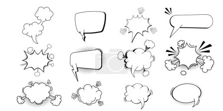 Illustration for Set pow bubble speech comic expression frame cartoon doodle isolated on white background. Boom explode effect, halftone decoration,. Vector illustration - Royalty Free Image