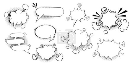 Illustration for Set pow bubble speech comic expression frame cartoon doodle isolated on white background. Boom explode effect, halftone decoration,. Vector illustration - Royalty Free Image