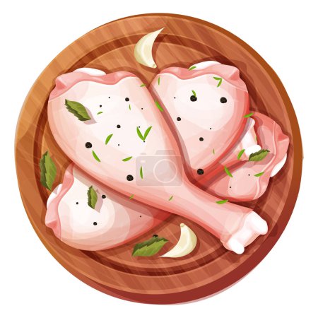 Illustration for Chicken leg, raw drumstick top view on wooden round board with garlic and seasoning spices in cartoon style isolated on white background. Bird meat uncoocked, ingredient design. Vector illustration - Royalty Free Image