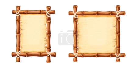 Ilustración de Conjunto de marcos de bambú con papel pergamino viejo decorado con cuerda aislada sobre fondo blanco. Juego ui tablero, firmar. Ilustración vectorial - Imagen libre de derechos