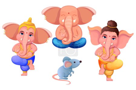Poco lindo Ganesh, religiosa tradicional dios elefante color azul en personaje de dibujos animados aislados sobre fondo blanco. Ilustración vectorial