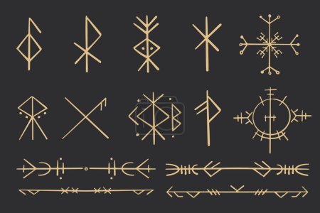 Set golden nordic celtic runes borders, norse protection symbols line style, amulet, witchcraft signs on dark background. Vector illustration