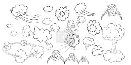 Comic motion effect, clouds speed way, trail set fast wind swirl, puff poof elements isolated on white background. Blow explosion. Vector illustration