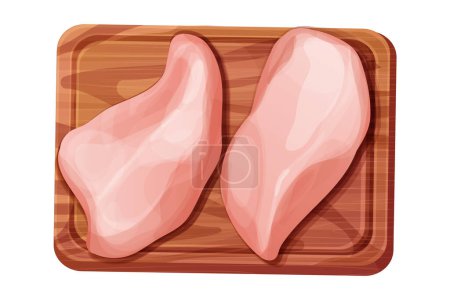Chicken fillet meat part breast top view on wooden board in cartoon style isolated on white background. Boneless raw ingredient. Vector illustration