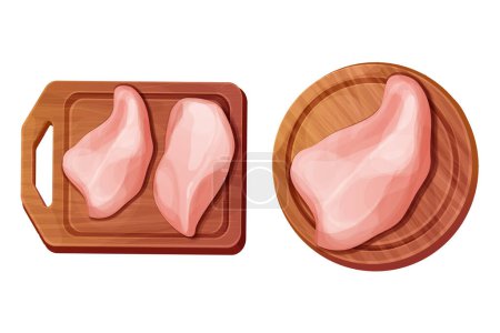 Hühnerfilet Fleisch Teil Brust Draufsicht auf Holzbrett im Cartoon-Stil isoliert auf weißem Hintergrund. Rohkost ohne Knochen. Vektorillustration