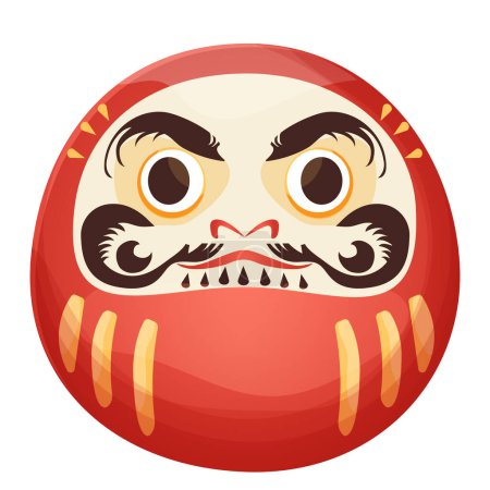 Daruma red traditional japan doll talisman with angry face, geld elements in cartoon style isolated on white background. Vector illustration