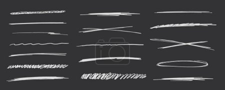Durchgreifende Unterstriche, Kreidestrich, Markierungslinien Grunge-Kurve, gewellte Freihand markiert strukturierte einfache Grenzen isoliert auf dunklem Hintergrund. Kreative Kollektion mit Pinsel oder Buntstift