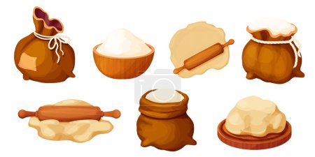 Set sack with flour, wheat powder, open bag with rope, dough with rolling pin and wooden bowl with powder in cartoon style farm harvest isolated on white background. Packaging . Vector illustration