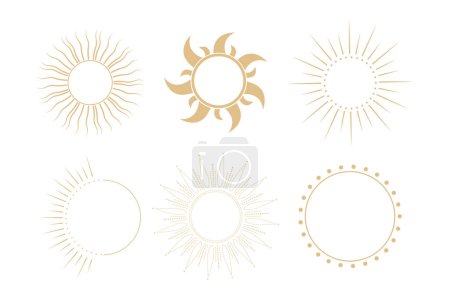 Ilustración de Set de marcos celestes dorados sol, bordes, arco línea de arte esotérico decoración minimalista con destellos aislados sobre fondo oscuro. Ilustración vectorial - Imagen libre de derechos