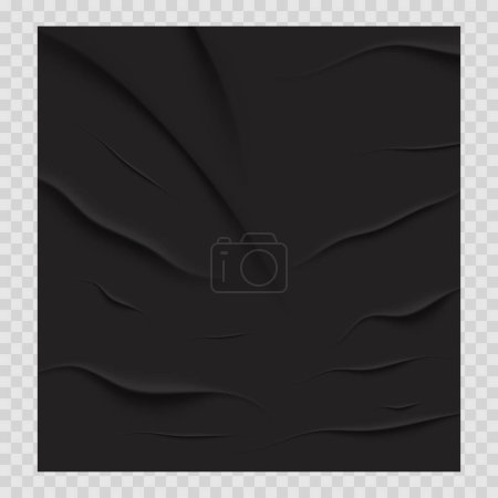 Papel negro pegado, arrugado o mojado con arrugas, pegatina grunge en blanco aislada sobre fondo. Cartel publicitario. Ilustración vectorial