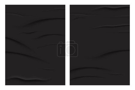 Schwarzes Papier geklebt, zerknittert oder nass mit Falten, leeres Blatt Grunge-Aufkleber isoliert auf dem Hintergrund. Werbeplakat. Vektorillustration