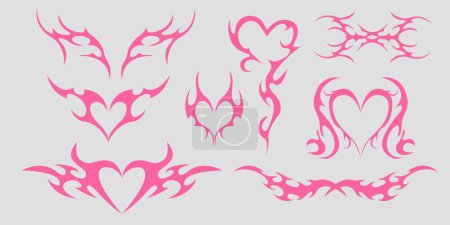 Neo tribal pink heart y2k aesthetic tattoo gothic cover, fire or wings abstract silhouette isolated on background. Divider, border, cyber body ornament, neotribal web goth decoration. Vector
