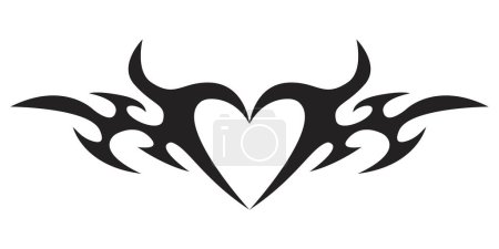 Neo tribal heart y2k aesthetic tattoo gothic cover, fire or wings abstract silhouette isolated on background. Divider, border, cyber body ornament, neotribal web goth decoration. Vector illustration