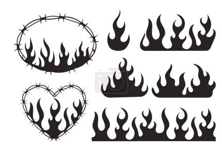 Set Wire Barb heart, oval frame y2k tattoo border, flame silhouette gothic spiky punk print neo tribal isolated on white background. Barbwire emo boundary heart shape. Vector illustration