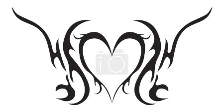 Neo tribal heart y2k aesthetic tattoo gothic cover, fire or wings abstract silhouette isolated on background. Divider, border, cyber body ornament, neotribal web goth decoration. Vector illustration