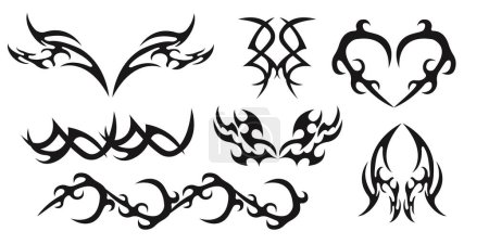 Set Neo tribal y2k aesthetic tattoo gothic cover, fire or wings abstract silhouette isolated on background. Divider, border, cyber body ornament, neotribal web goth decoration. Vector illustration