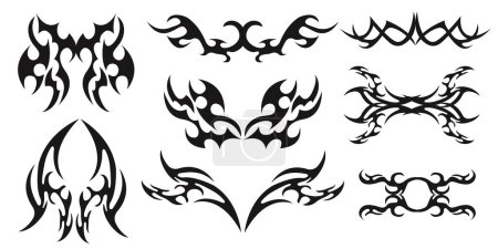 Set Neo tribal y2k aesthetic tattoo gothic cover, fire or wings abstract silhouette isolated on background. Divider, border, cyber body ornament, neotribal web goth decoration. Vector illustration