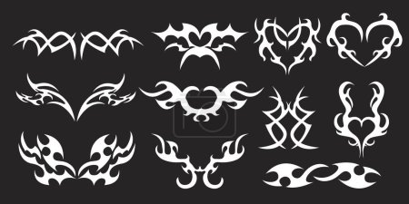 Set Neotribal y2k aesthetic tattoo gothic cover, flame or wings abstract silhouette isolated on background. Divider, border, cyber body ornament, neotribal web goth decoration. Vector illustration