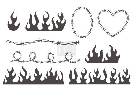 Set Wire Barb heart, oval frame y2k tattoo border, flame silhouette gothic spiky punk print neo tribal isolated on white background. Barbwire emo boundary heart shape. Vector illustration