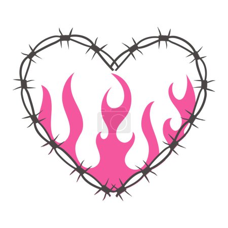 Fil barbelé Coeur avec flamme y2k gothique tatouage néo tribal isolé sur fond blanc. Décoration rétro années 90, symbole emo. Amour, forme romantique. Illustration vectorielle