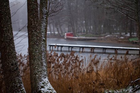 Ein düsterer und trüber Wintertag am Ufer des Bernardine Lake. Trakai, Litauen.