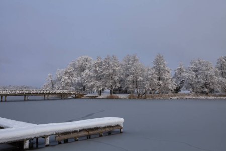 La belleza de un día de invierno se exhibe en esta imagen del lago Galve en Trakai, Lituania. El sol brilla brillantemente sobre la cabeza, proyectando un cálido resplandor sobre el paisaje cubierto de nieve