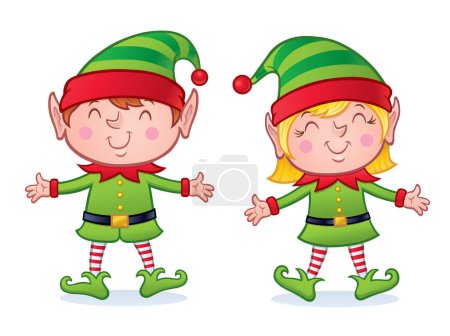 Happy, smiling and grinning Christmas elves all dressed up with their arms extended.