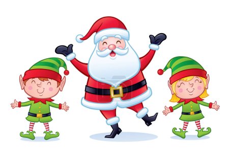 Fröhlich und glücklich aussehende Weihnachtsmann-Figur steht zwischen einem lächelnden Jungen und Mädchen Elfen, die ihre Arme ausstrecken und ausstrecken.