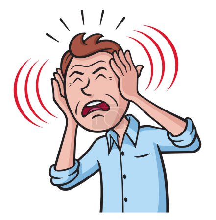Imagen de un hombre cubriéndose las orejas y haciendo una mueca debido al zumbido en sus oídos debido al tinnitus. Las ondas sonoras gráficas emanan de alrededor de los oídos.