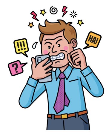 Image d'un homme en colère et frustré utilisant son téléphone portable et réagissant à un message ou un texte qu'il a reçu et il grince des dents.