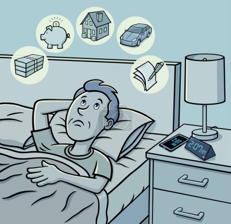 Man lying awake in bed at night and unable to sleep because he is worried about finances, money, savings, car, home, nest egg, and contract obligations.